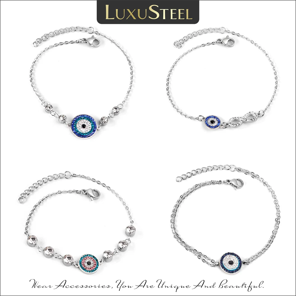 LUXUSTEEL CZ pulsera de mal de ojo mujeres hombres Color plata acero inoxidable piedra colorida Zirconia cúbica joyería de pavo ajustable