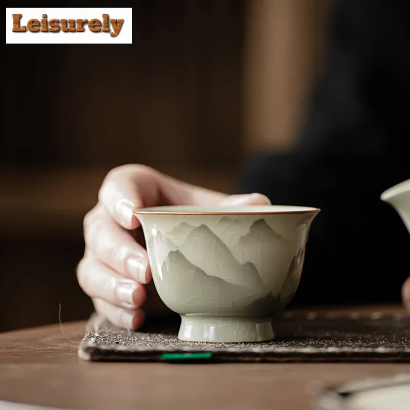 2pc/lot Mountain Flower Ru Kiln Porcelain Teacup Elegant Tea Bowl Set Of Cups Fragrance Cup Chazhan Teaware Supplies Craft 70ML