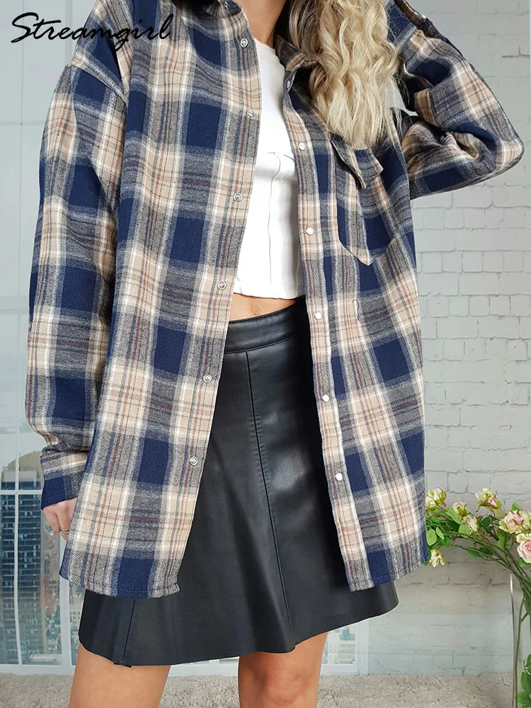 Women Shirts Plaid Oversized Shirts For Women Office Spring Loose Buttoned Shirt Pocket Long Sleeve Vintage Blouses