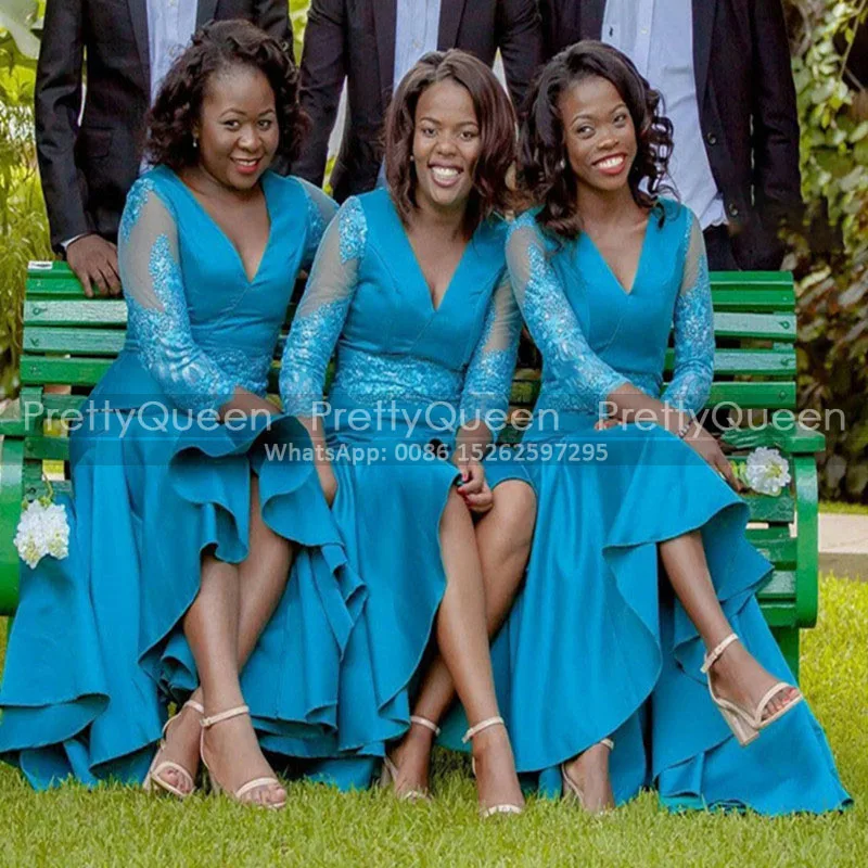 

Sky Blue Appliques Beads Bridesmaid Dresses Ruffles Mermaid High Low Sheer 3/4 Long Sleeve V Neck Trumpet Party Dress Formal