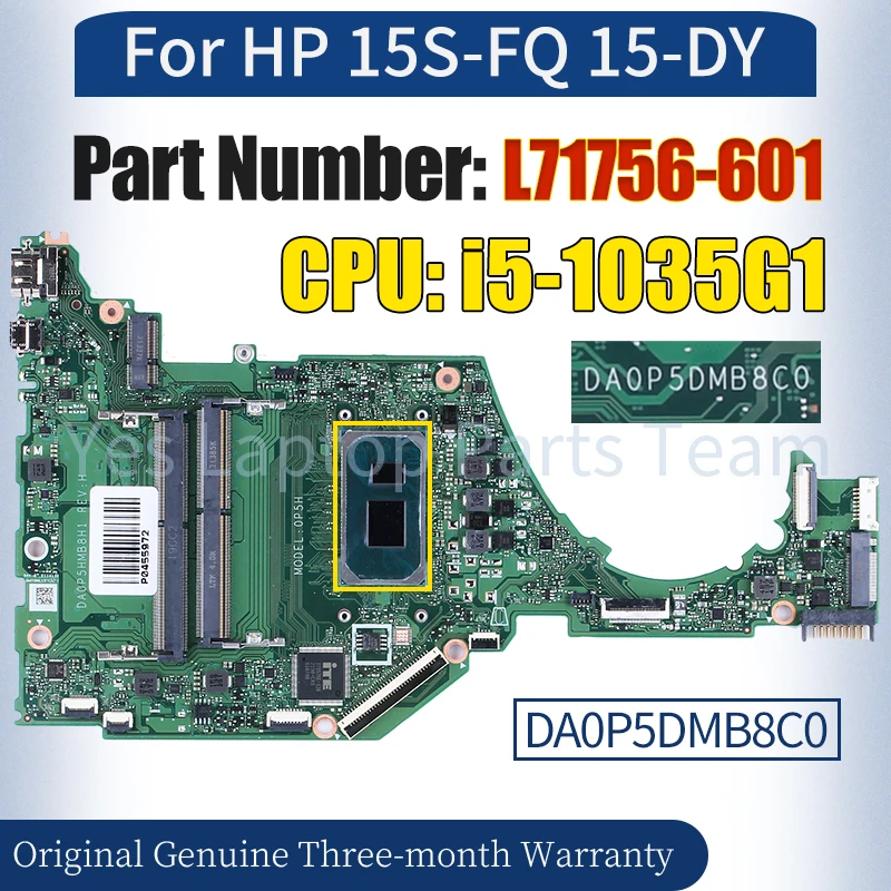 Placa-mãe portátil para HP, DA0P5DMB8C0, 15S-FQ, 15-DY, L71756-601, SRGKG, i5-1035G1, 100% testado, Notebook