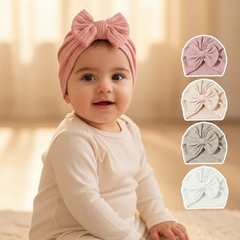0-6M Baby Girl Cute Turban Big Bow Hat Toddler Head Wrap Newborn Beanie Solid Color Infant Bonnet Cap Kids Spring hat 1