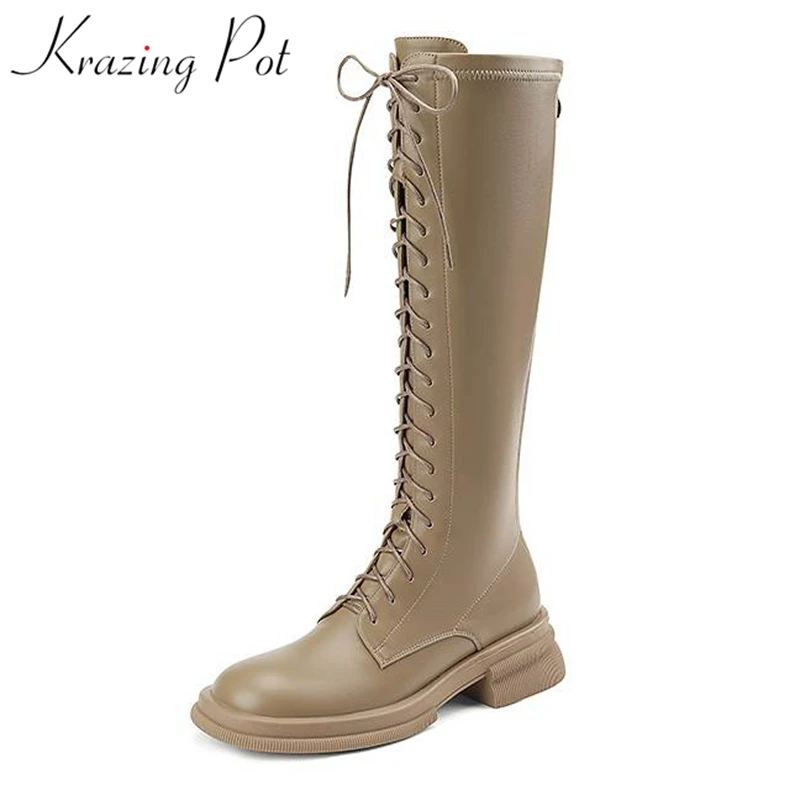 

Krazing Pot New Cow Leather Round Toe Lace Up Cross-tied Thick High Heels Handsome Riding Boots Keep Warm Winter Knee-high Boots