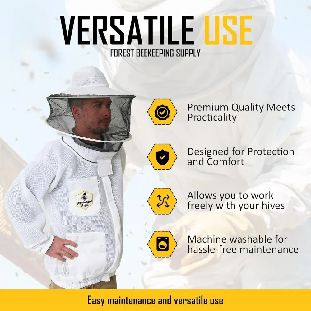 Ventilated Beekeeping Jacket with Round Veil, Heavy Brass Zippers, Lightweight Breathable Airmesh Fabric, Comfortable Protective
