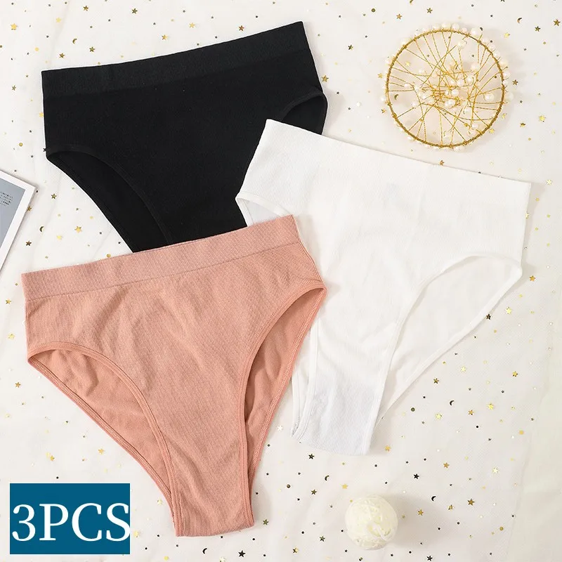 3PCS/Set Seamless Panties Women High Waist Briefs High Cut Panties Sports Underwear Female Stretch Rib Underpants Lingerie