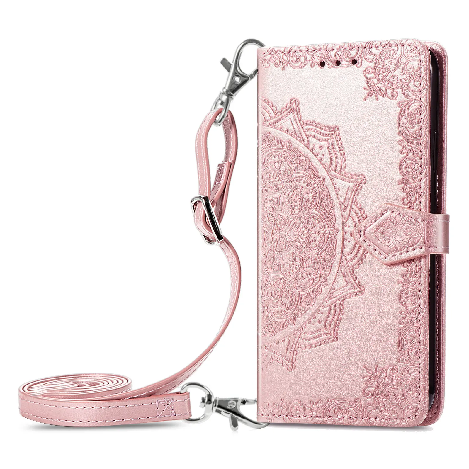 Mandala Flower Leather Strap Crossbody Flip Wallet Case with Card Slots