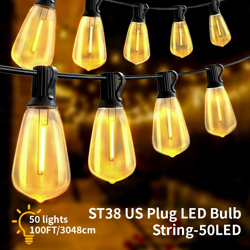ST38 LED String Lights 50 LED Outdoor Terrace Lamp Waterproof 110V Garden Wedding Party Lamps Backyard Decor Hanging Light