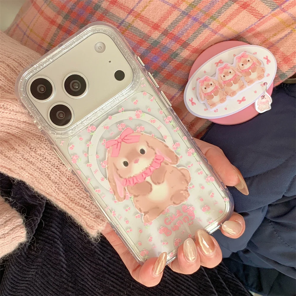 Korean Little Flower Rabbit Magnetic Phone Case with Magsafe Holder - Shockproof Cover
