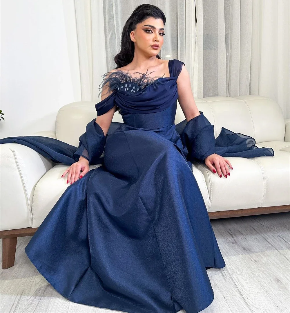 

Exquisite Off-the-shoulder Sheath Cocktail Evening Feathers Flowers Sequin Draped Fold Satin Prom Dresses vestidos de gala