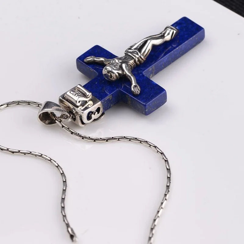 BOCAI S925 Sterling Silver Charms Pendants for Women Men New Fashion Crucifixion-cross Inlaid Lapis Lazuli Jewelry Free Shipping