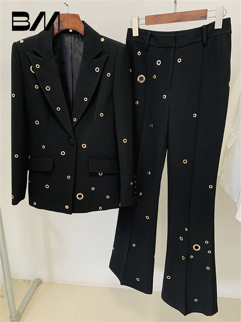 Fashion New Heavy Industry Metal Hole One Button Suit Jacket Pants Suit Two Pieces 2PCS Women Office Wedding Women's Suit Suit