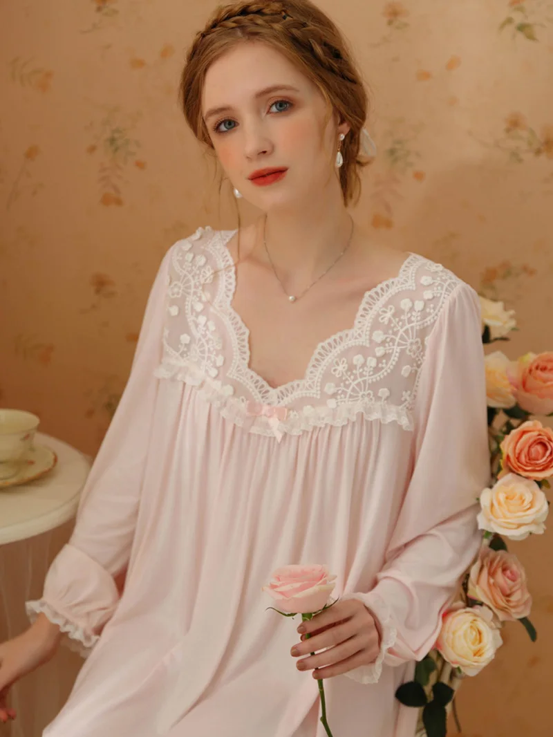 Women Princess Nightdress Spring Long Sleeve Modal Cotton Court Retro Princess Sleepwear Sexy Fairy Dress Sweet Nightgowns