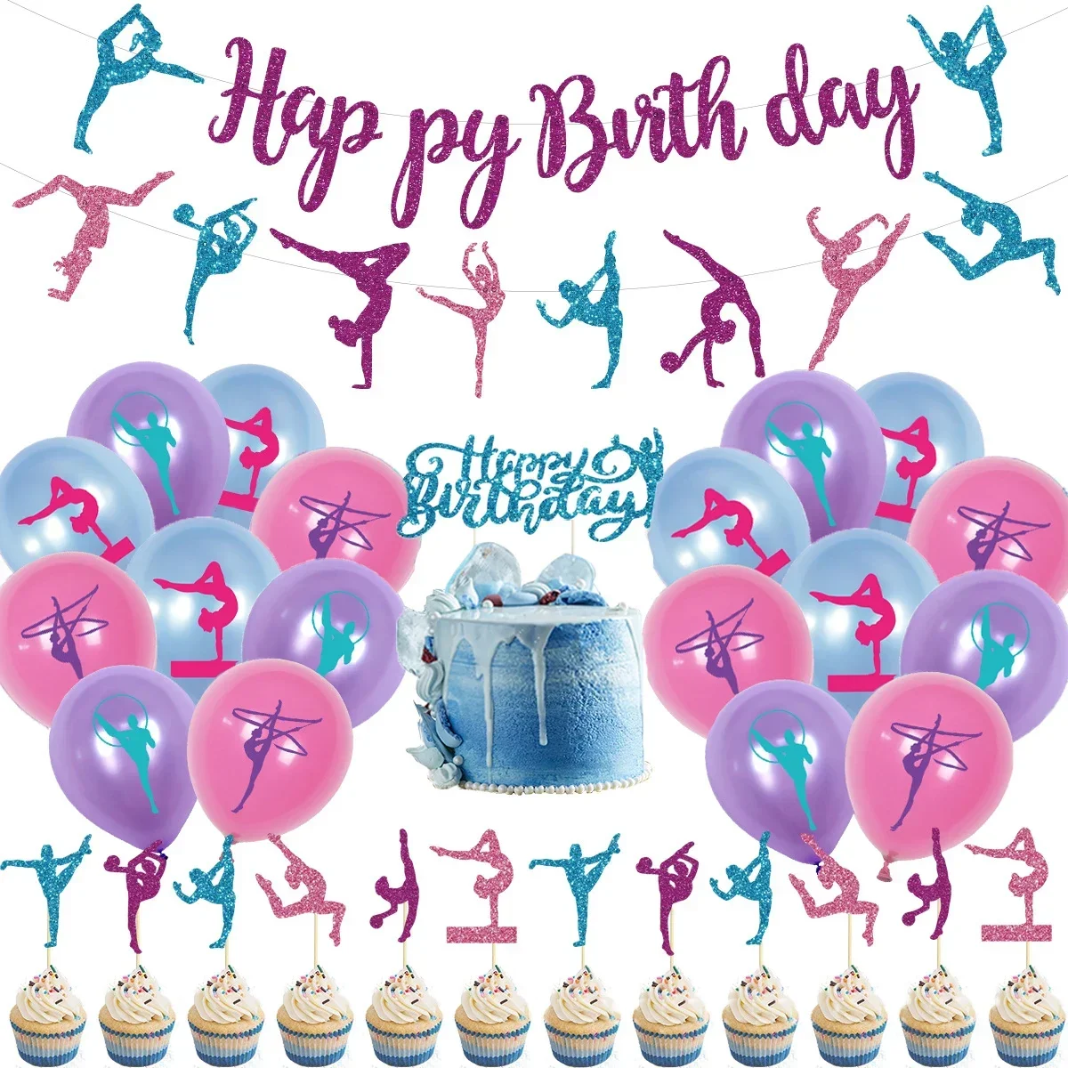 Description Picture 2 of itemSursurprise Gymnastics Theme Birthday Party Decoration Balloons Happy Birthday Banner Cake Topper Gymnast Girl Party Supplies
