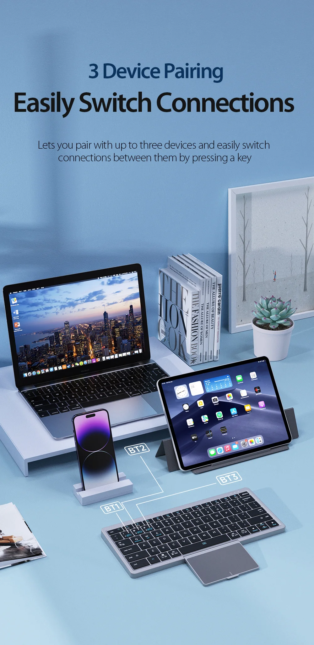 Teclado sem fio dobrável com Touchpad, Bluetooth,