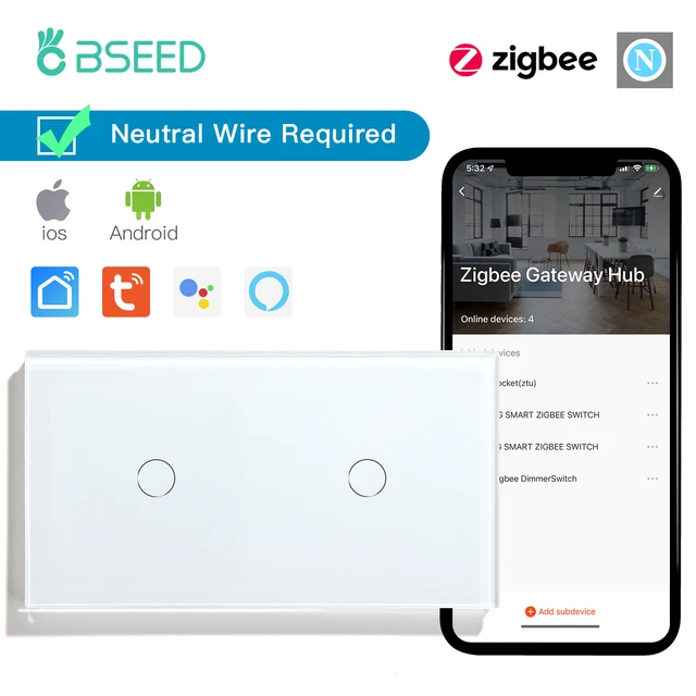 BSEED Zigbee Smart Switch Double 1/2/3Gang 1/2/3Way Wireless Light Switch Support Tuya Google Home App Alexa Voice Control