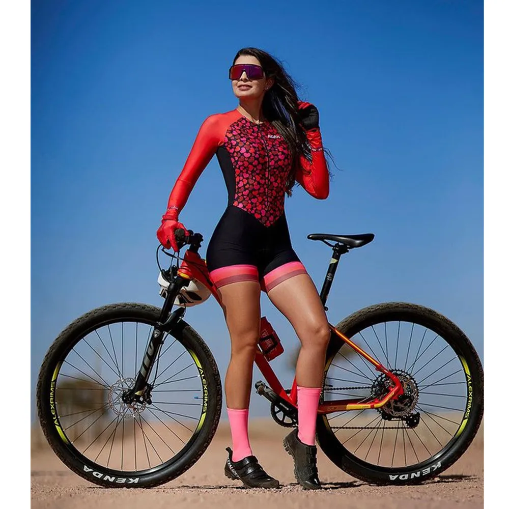 

Agah Women Summer Triathlon Cycling Skinsuit Long Sleeve Bike Jumpsuit Macaquinho Cycling Clothing Female MTB Cyclisme Skinsuit