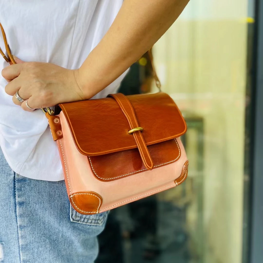 

Genuine Leather Retro Handmade Crossbody Bag With Contrasting Color Top Layer Cowhide Shoulder Bag Texture For Women