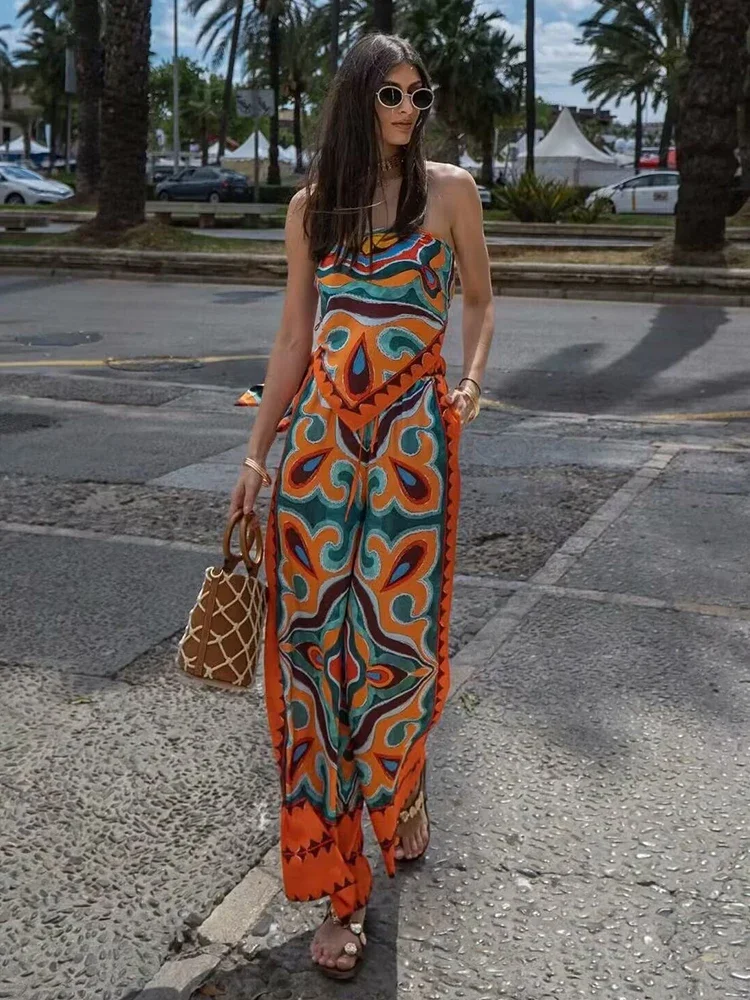 Vintage Women Loose Boho Two Piece Set 2024 Summer Fashion Ladies Vocation Satin Pant Sets Chic Female Trouser Suit Outfits