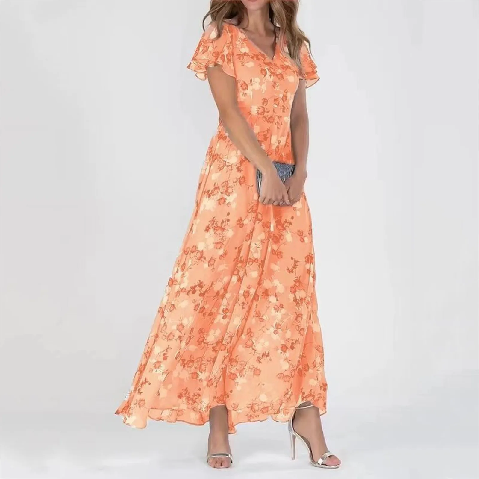 

Women's Dresses Beach Large Swing Long Skirts Chiffon Floral Printing Short Sleeve Ruffle V Neck Fashion Waist Maxi Dress