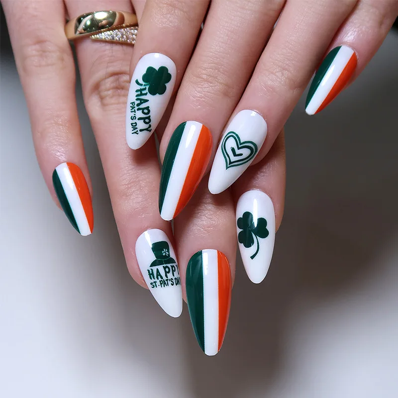 

3D fake nails set for St. Patrick's Day green leaf short almond tips DIY manicure supplies press on faux ongles false nail kit