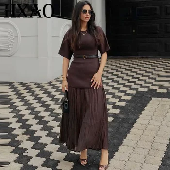 HXAO Womens Dresses Brown Pleated Dress Summer 2025 Elegant Knitted Short Sleeve Vestidos Chic Patchwork O-Neck Vacation Dresses 1
