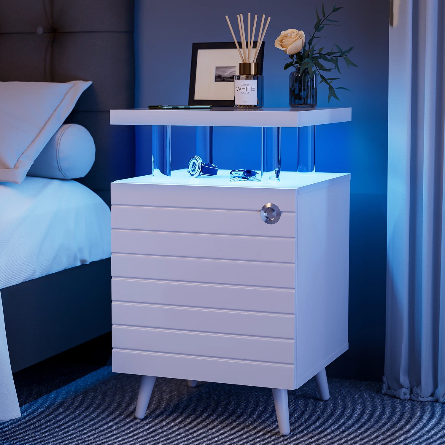 LEDNightstandLEDBedsideTableEndTablesLivingRoomwith4Acrylic