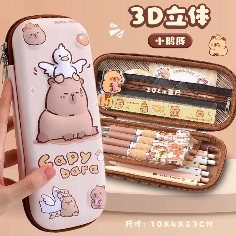 Pmueuff Trousse Capybara, Ensemble Papeterie Capybara Avec Stylo Capibara, Autocollants, Pins, Porte-clés Et Blocs-Notes Trousse à Crayons Capybara Mignon Grande Capacité Pour Bureau École