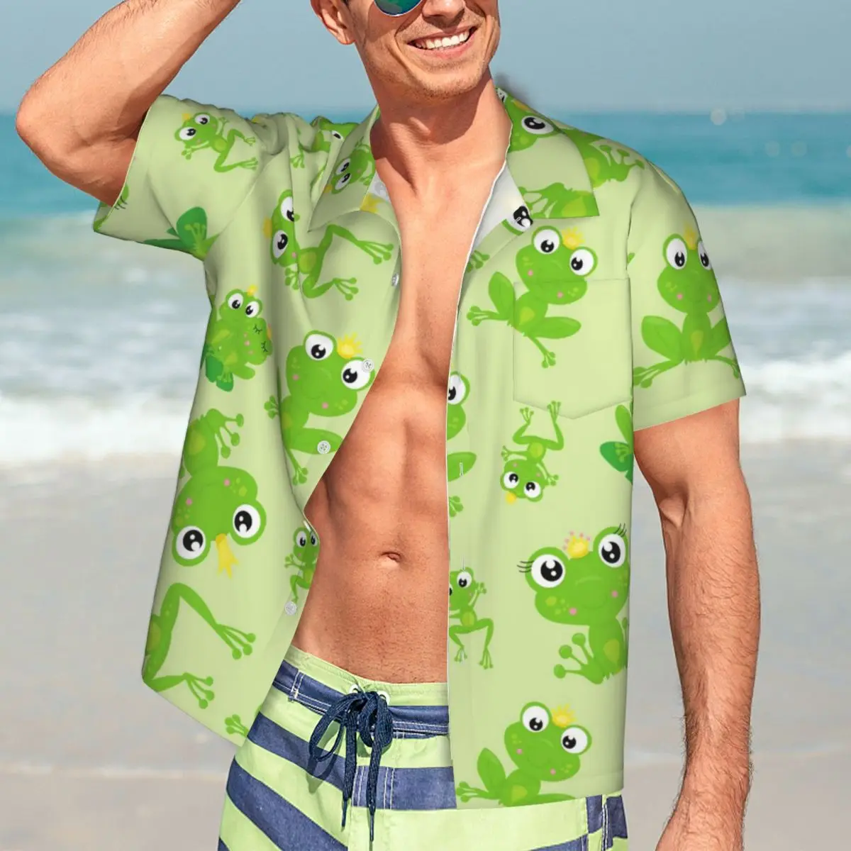 

Frog Prince Casual Shirt Cute Animal Print Retro Summer Shirts Men Short Sleeves Beach Streetwear Graphic Oversized Blouses