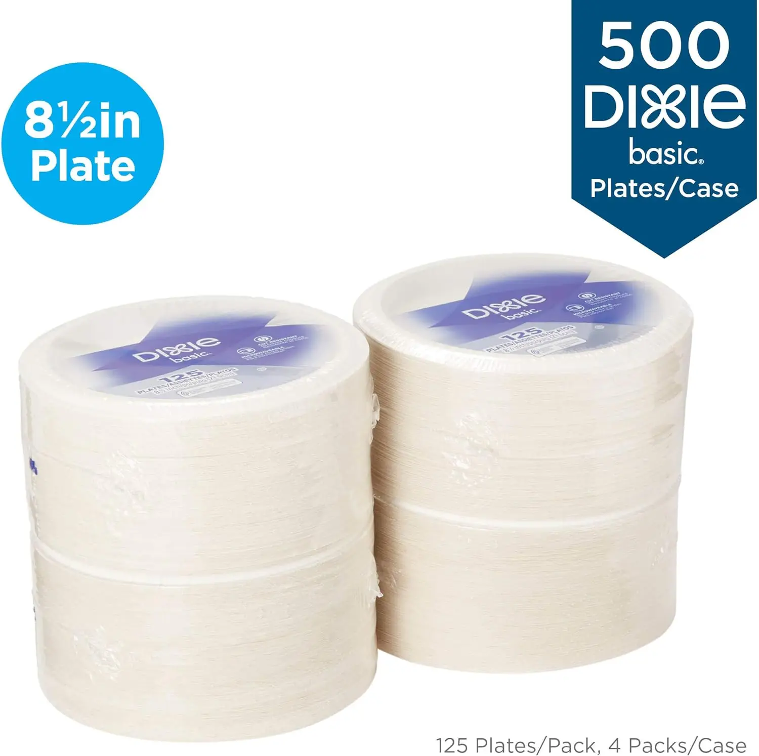 Dixie Basic 8.5" Light-Weight Paper Plates by GP PRO (Georgia-Pacific), White, DBP09W, 500 Count (125 Plates Per Pack, 4 Packs