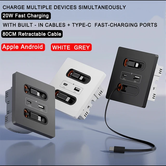Universal Wall Socket 86-Type White With Retractable Wire Data Cable 20W Fast Charge Type-C PD USB Fast Charging for iPhone 1