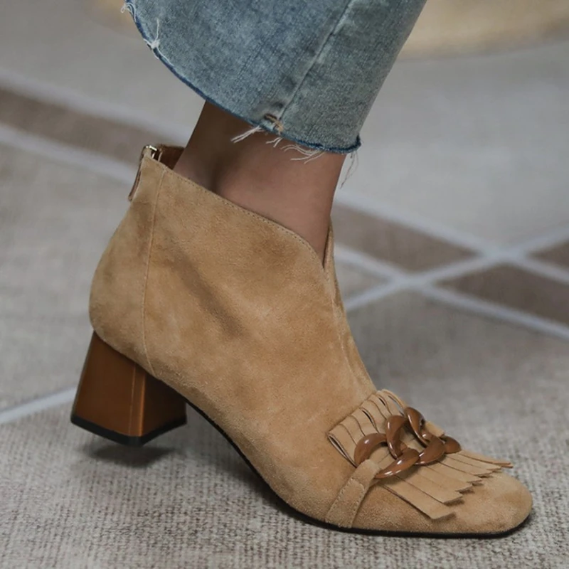 New Autumn/Winter Women Boots Sheep Suade Square Toe Square Heel Mid-Heel Ankle Boots Fringed Zipper Fashion Office Lady Shoes