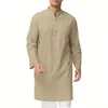 Ethnic Costume Long Robe Men Cotton Long Sleeve Thobe Side Slit Button Long Robe Casual Shirt