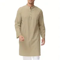Ethnic Costume Long Robe Men Cotton Long Sleeve Thobe Side Slit Button Long Robe Casual Shirt