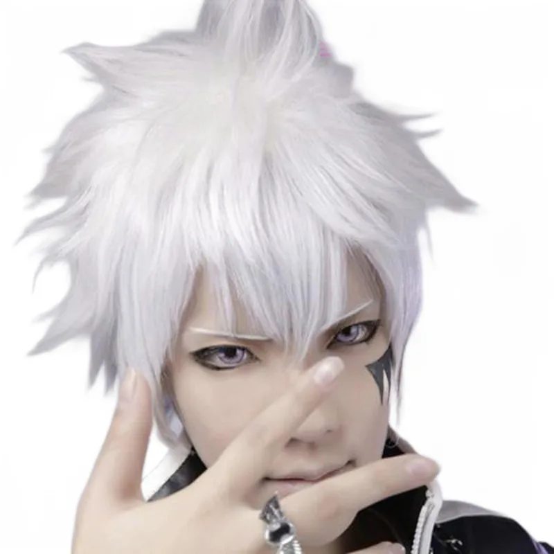 

Men's BLEACH Hitsugaya Toushirou Short Silver White Layered Fluffy Synthetic Cosplay Hair Wigs Heat Resistance Fiber +wig cap