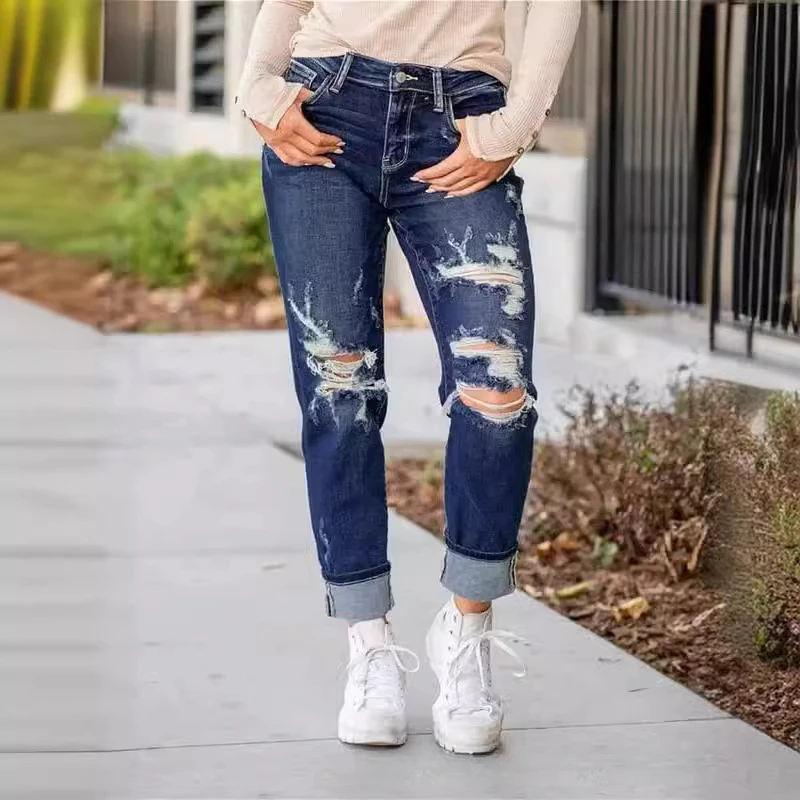 

Sexy Ripped Mid Waist Jeans for Women Vintage Clothes Y2k Fashion Straight Denim Trousers Streetwear Hole Hip Hop Pants Jeans
