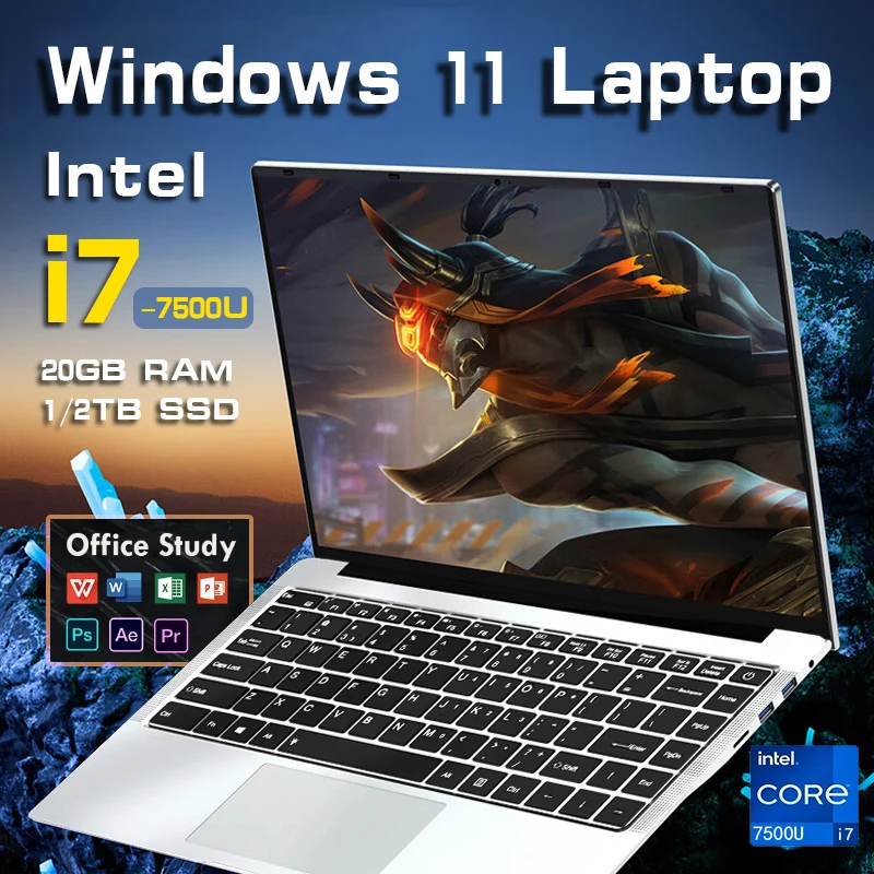 14.1 인치 휴대용 노트북 윈도우 11 컴퓨터, 인텔 코어 i7 7500U 노트북 PC, 20GB RAM, 1TB SSD, 1920*1080 해상도, 사무실 컴퓨터