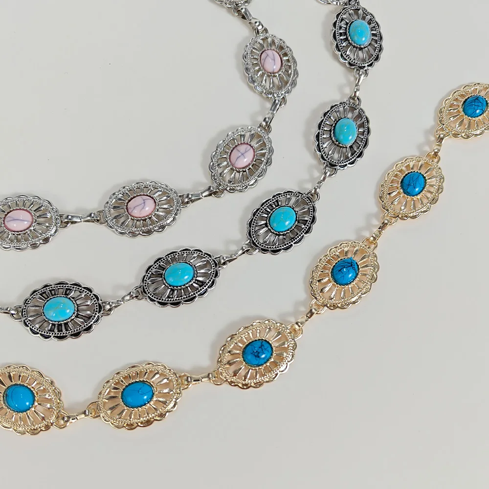 Silver Bohemian Metal Waist Chain Belt with Blue Gemstone Ellipse