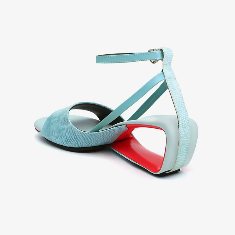 2023New Light Blue Women Sandals Gladiator Ankle Strap Fretwork High Heels Summer Shoes Serpentine Leather Wedge Sandalias Mujer