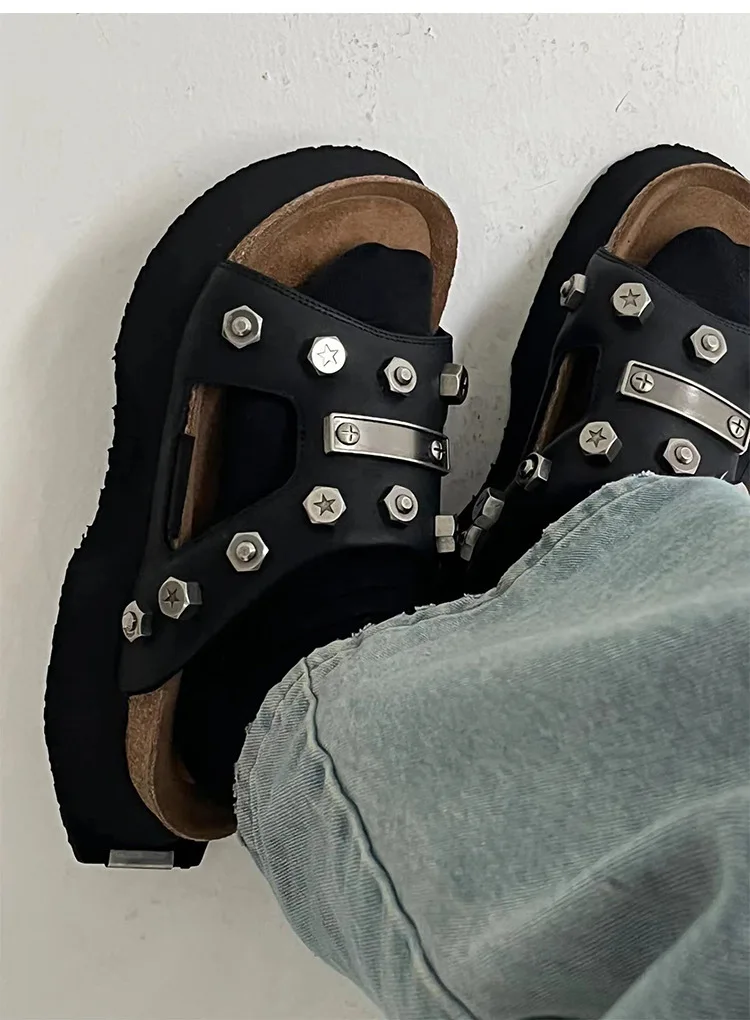 Niche Functional Sense Rivet One-Word Slippers Women's Summer Thick-Soled Leather Outerwear Half-Slippers Sandals Women's Shoes
