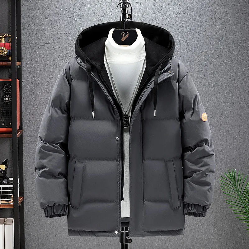 Winter Men's Fake Two Pieces Cotton Jacket Oversized Loose Thickened Down Cotton Jacket Solid Color Versatile Casual Warm Coat