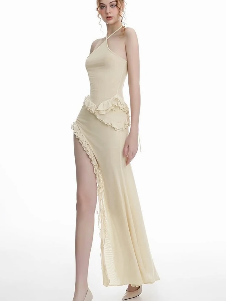 Nibber Sexy Lace-Up Halter Dress Women Lace Patchwork Tassel See Through Backless Side Slit Midnight Clubwear Party Vestidos