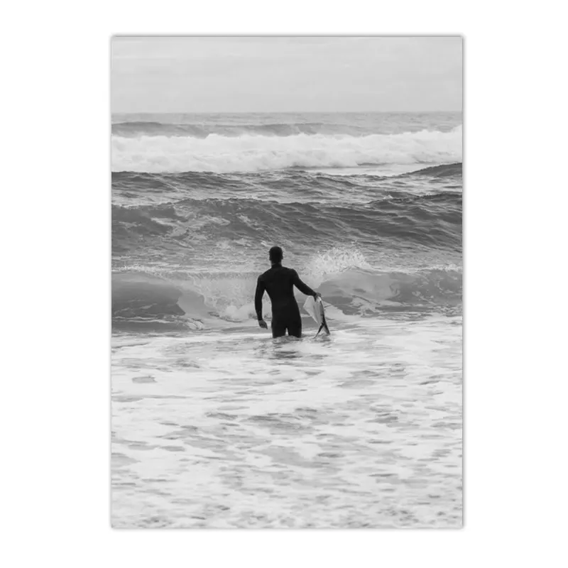 Monochrome Palm Tree and Sea Waves Beach Canvas Art - Nordic Coastal Wall Decor
