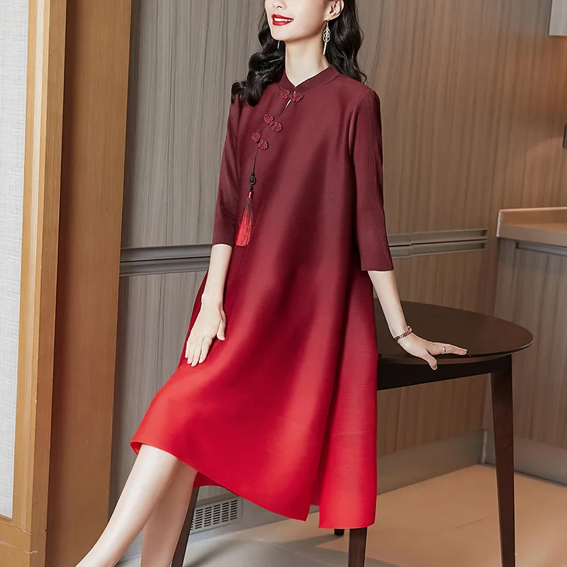 

Pleated Dress Women's autumn 2022 retro standing collar dress