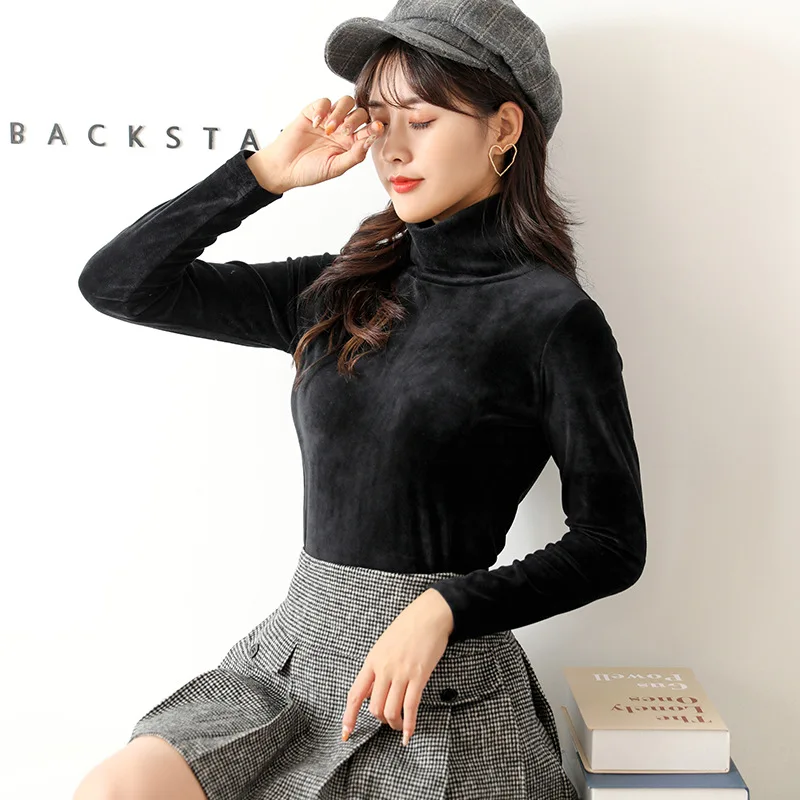 

MRMT 2024 Brand New Half-High Collar Bottoming Shirt Women Plus Velvet Long-Sleeved t-Shirt With Thin Slim Black Top