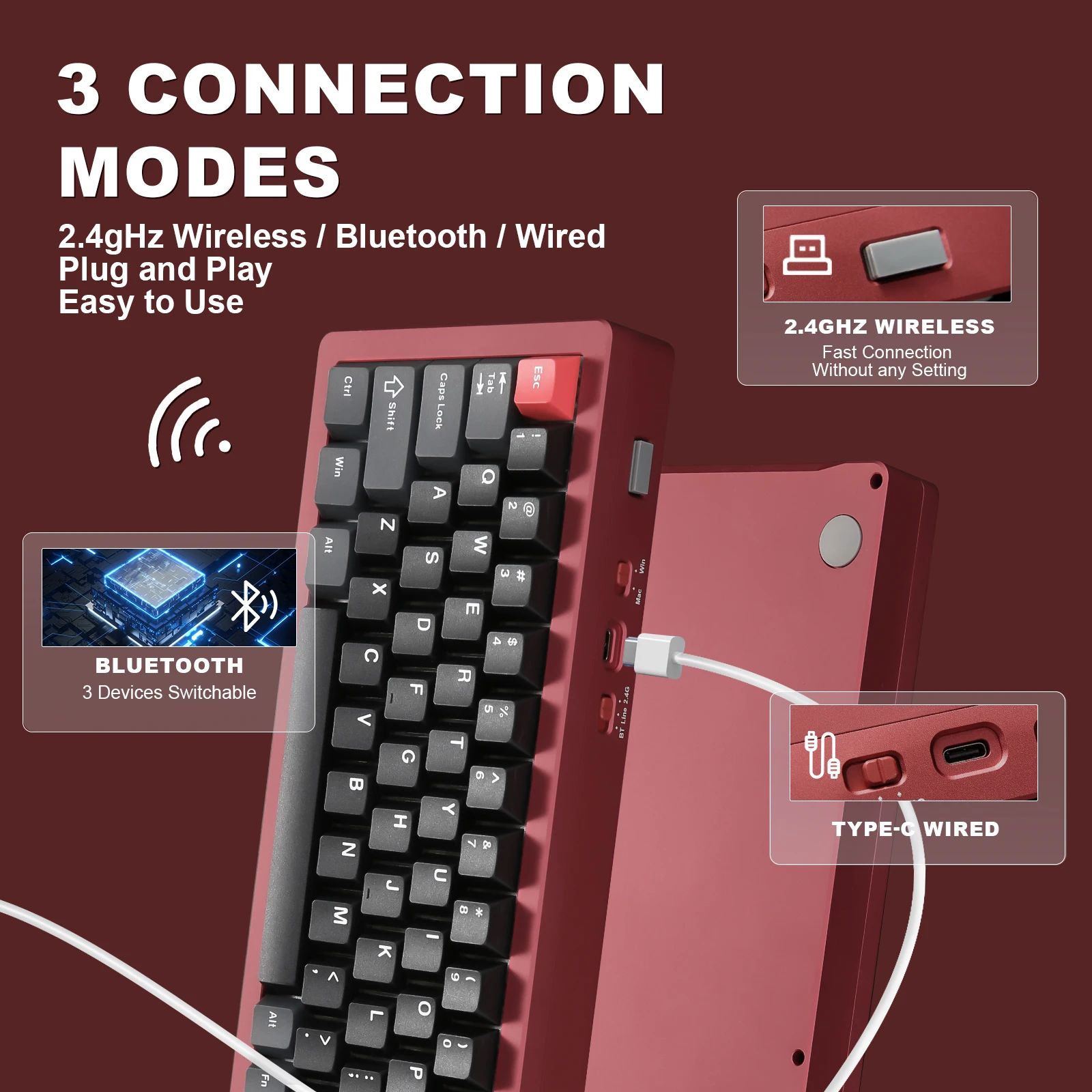 YUNZII AL71 rosso 68% 71 chiave completa CNC alluminio guarnizione intercambiabile a caldo 2.4GHz Wireless BT5.0/USB-C tastiera da gioco meccanica cablata