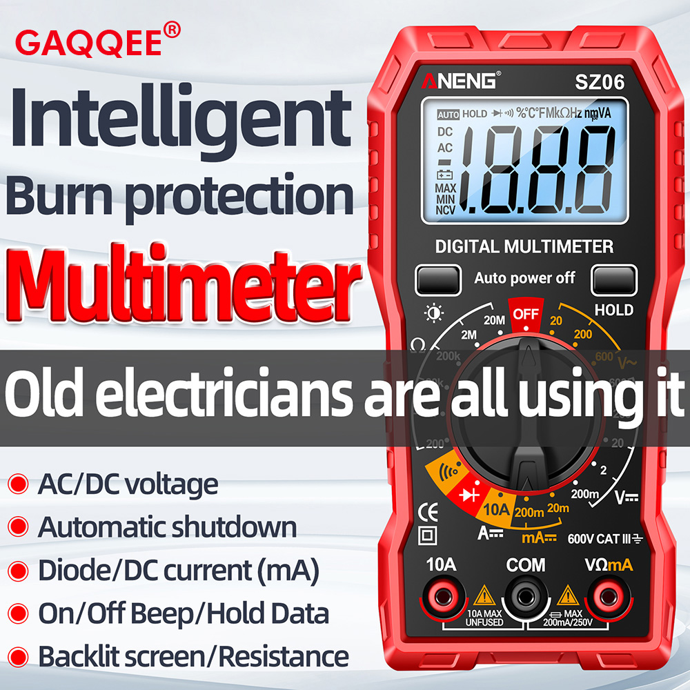 SZ06 2000 Counts Digital Multimeter Voltage Resistance Meter AC/DC Ammeter Voltmeter Electrician Ohm Tester with LCD Backlight