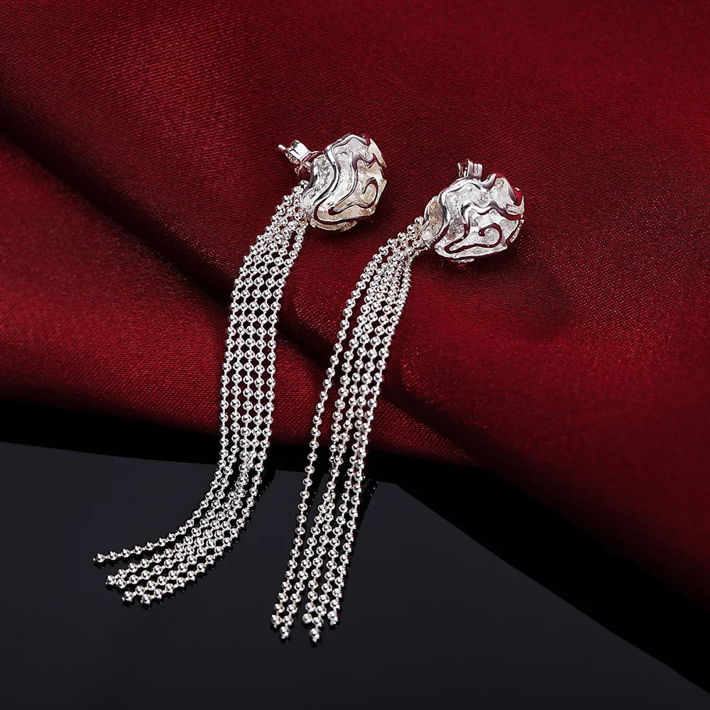

New 925 Sterling Silver Elegant Flower Tassel Stud Earrings For Women Fashion Wedding Engagement Charm Jewelry Gift