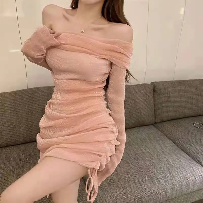 

Sexy Slim Slash Off Shoulder Women's Long Sleeve Drawstring Pleated Hip Wrap Pink Mesh Dress Mini Party Prom Mini Evening Robe