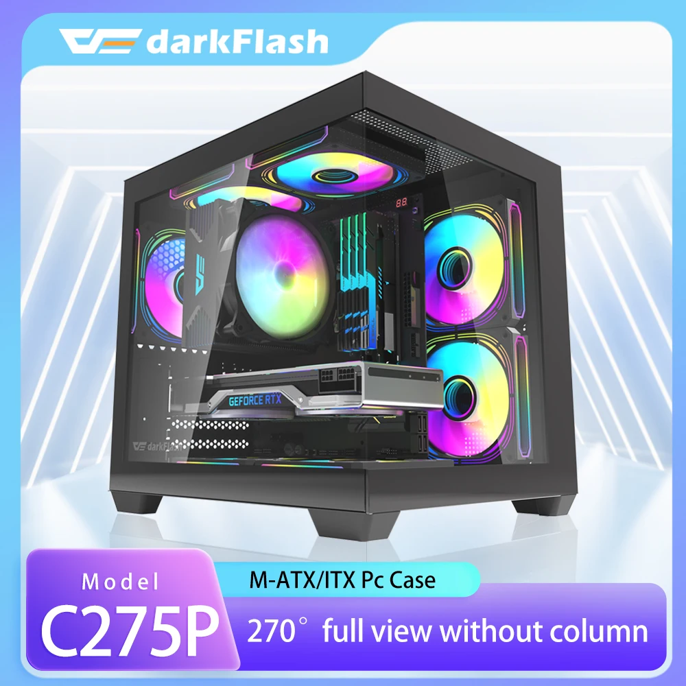 PC Case Darkflash C275P PC Case Sea View Room Gaming Computer Desktop M-ATX Motherboard Double-Sided Tempered Glass PC Gamer Cabinet