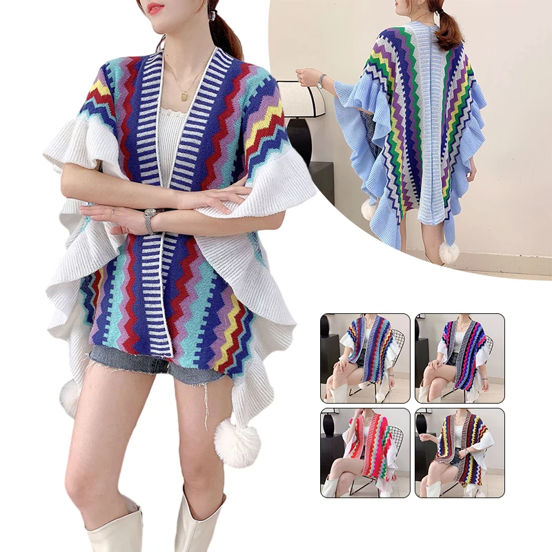 

Ethnic Poncho for Women Soft Knitted Stripe Pleated Edge Tassel Cardigan Shawl Coat Overlays Rosita Cape with Balls
